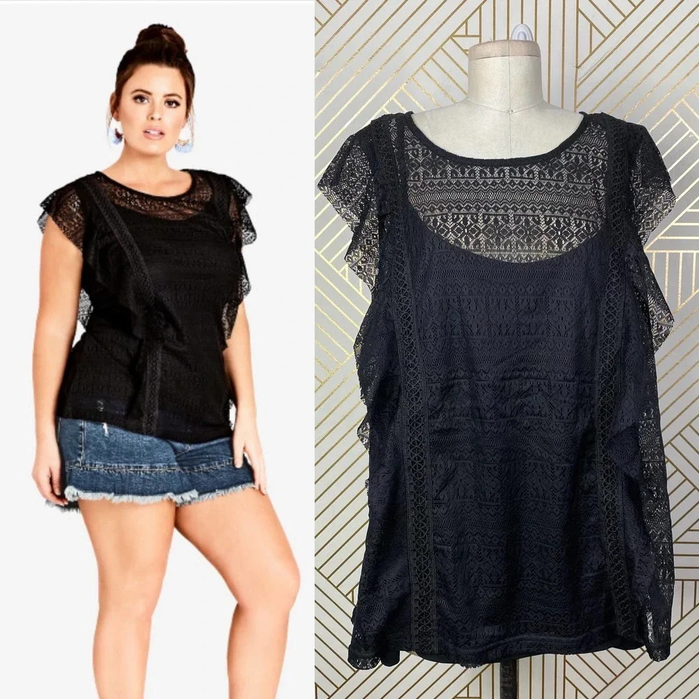 City‎ Chic Dreamy Lace Frilled Top Black